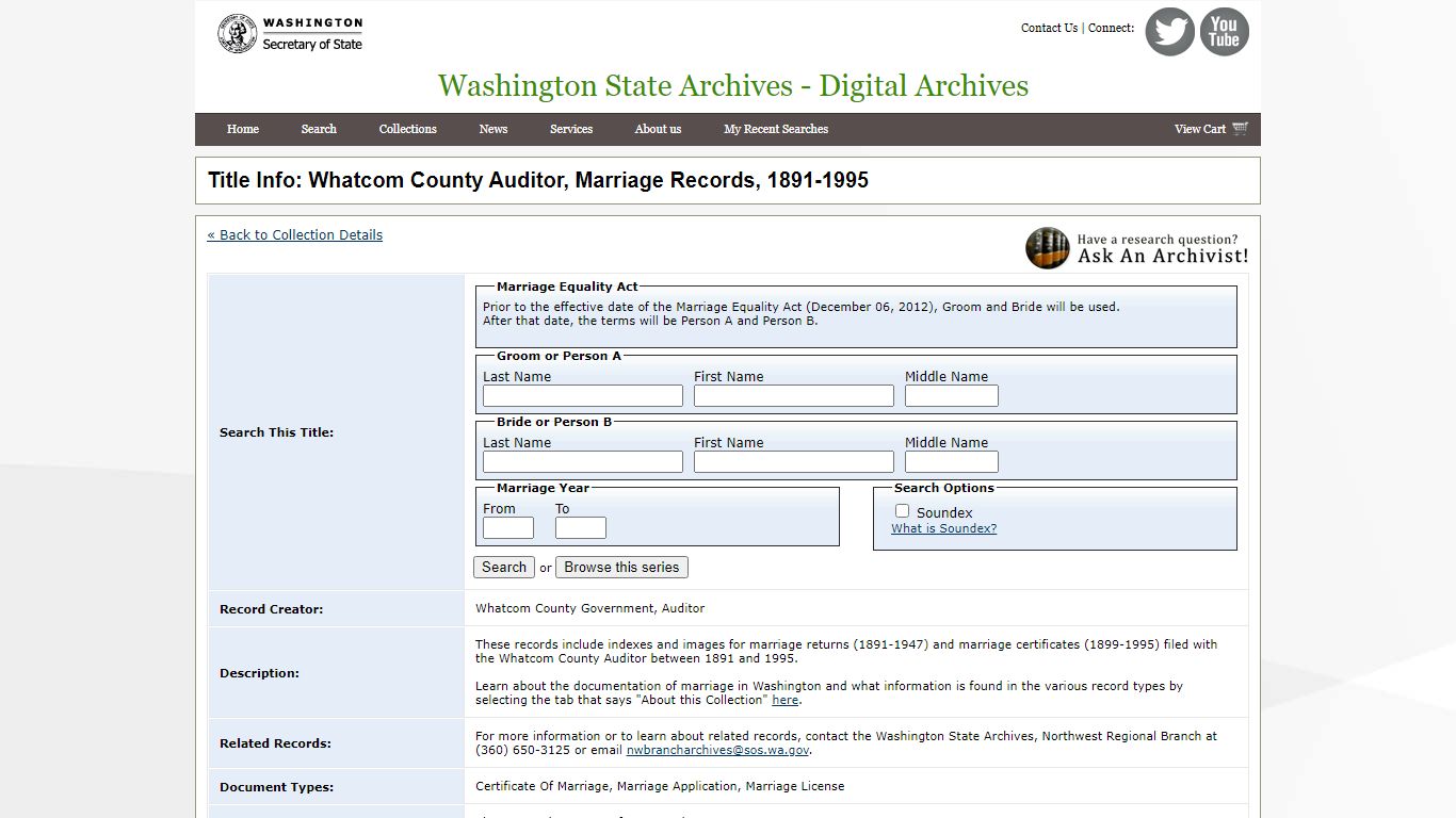 Title Info: Whatcom County Auditor, Marriage Records, 1891-1995